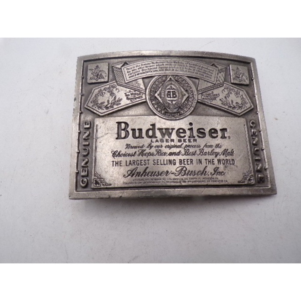Vintage Budweiser Anheuser Busch Belt Buckle Silver Pewter Tone Lager Beer Label